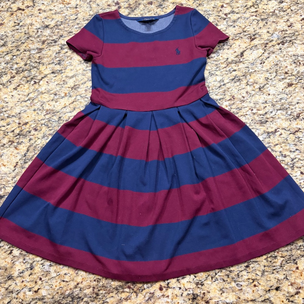 Polo Ralph Lauren Girls Striped Short Sleeve Pleated Dress Navy Burgundy 7 ws